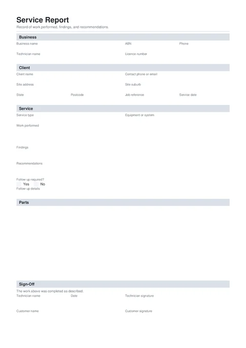 Service Report form preview
