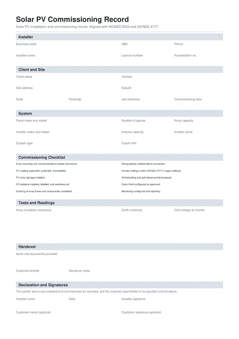 Solar Commissioning form preview