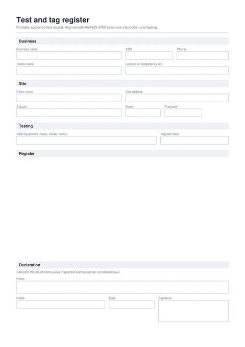 Test and Tag Register form preview