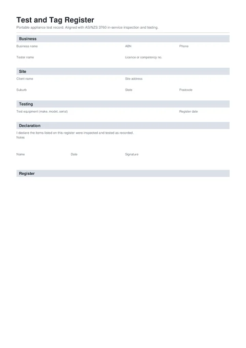 Test and Tag Register form preview
