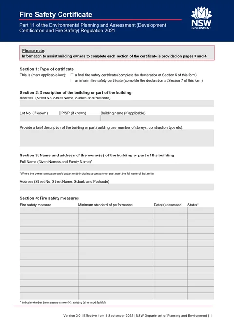 NSW Fire Safety Certificate form preview
