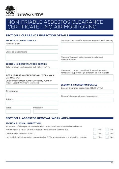 NSW Asbestos Clearance (No Air) form preview