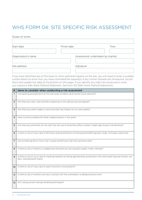 NSW WHS Site Risk Assessment form preview