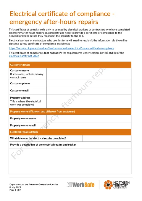 NT Emergency Repairs CoC form preview