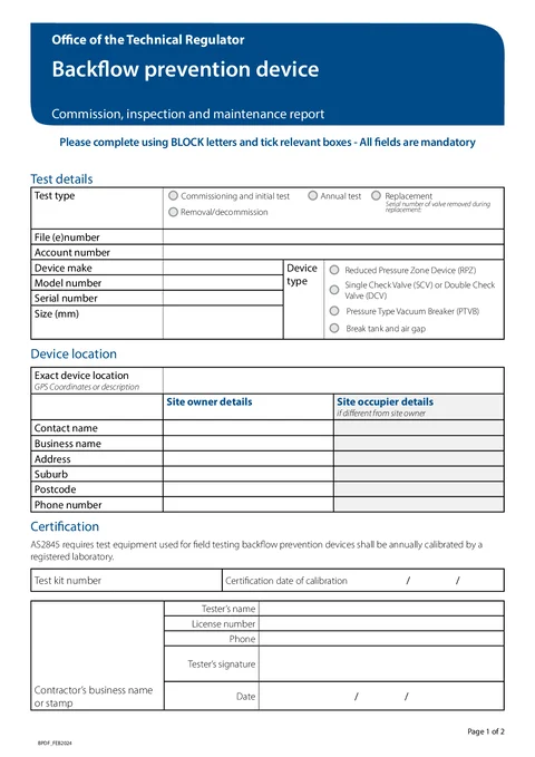 SA Backflow Report form preview
