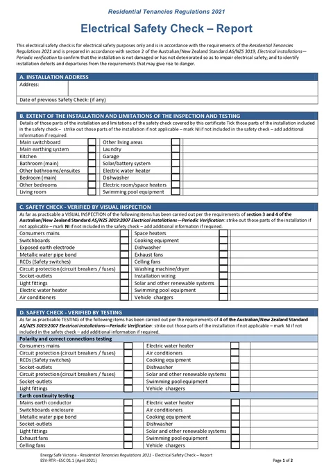 VIC Electrical Safety Check form preview